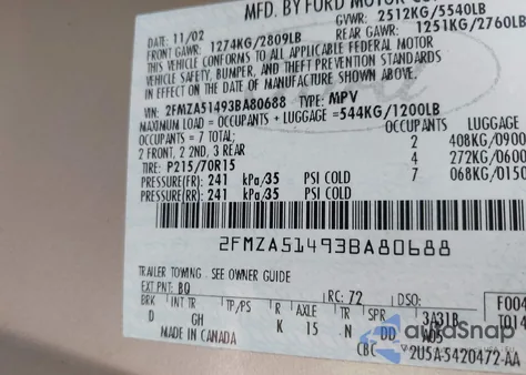 2003 Ford Windstar Lx из США, поврежденный, VIN 2FMZA51493BA80688